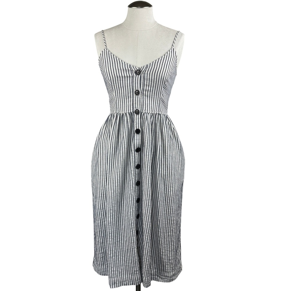 ATM Women's Dress XS Navy Striped Button Down Midi Sleeveless Casual Summer